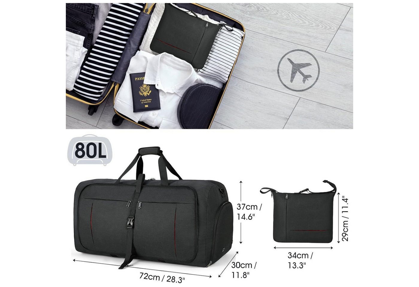 LuxusKollektion Reisetasche Faltbare Reisetasche 80L Sporttasche Damen Herren mit Schuhfach Bild 5