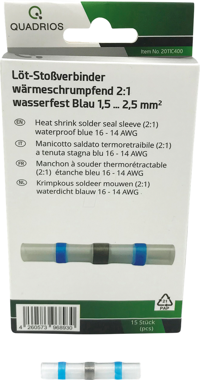 QUAD 2011C400 - Löt-Stoßverbinder-Sortiment, Blau - 1.5 ... 2.5 mm² - 15 tlg.