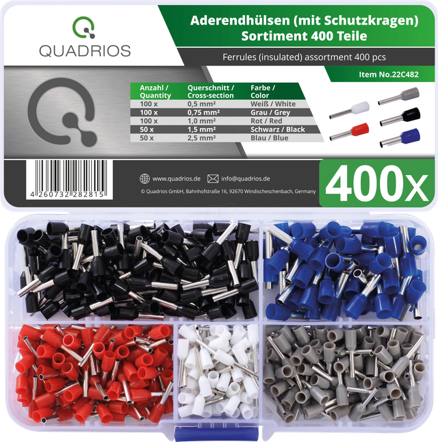 QUAD 22C482 - Aderendhülsen-Set isoliert, 400 Stück, 0,5 - 2,5 mm²