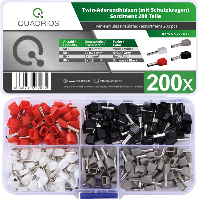 QUAD 22C483 - Duo-Aderendhülsen-Set isoliert, 200 Stück, 0,5 - 1,5 mm²
