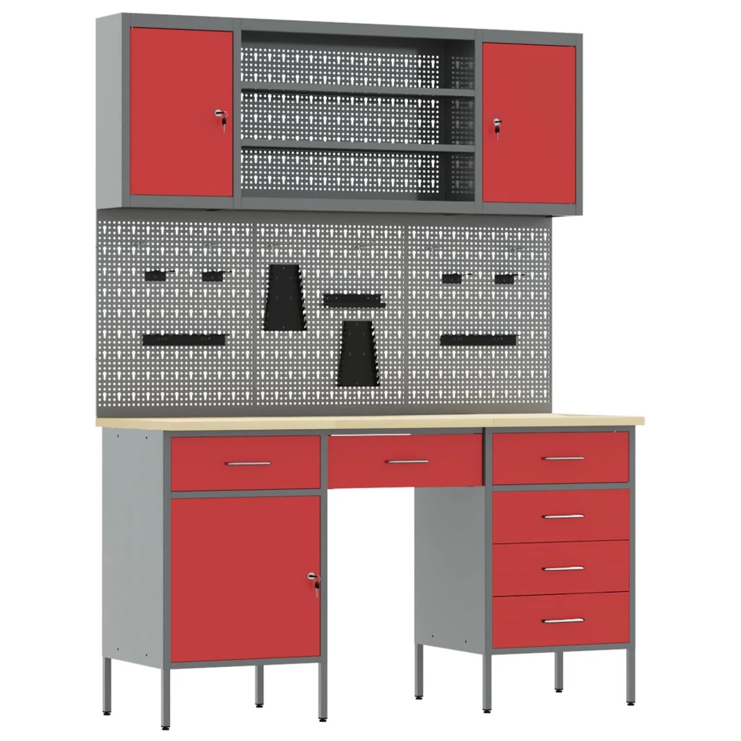 vidaXL Werkbank mit Schubladen 8-Tlg Rot Ingenieure Holz und Stahl 3321467