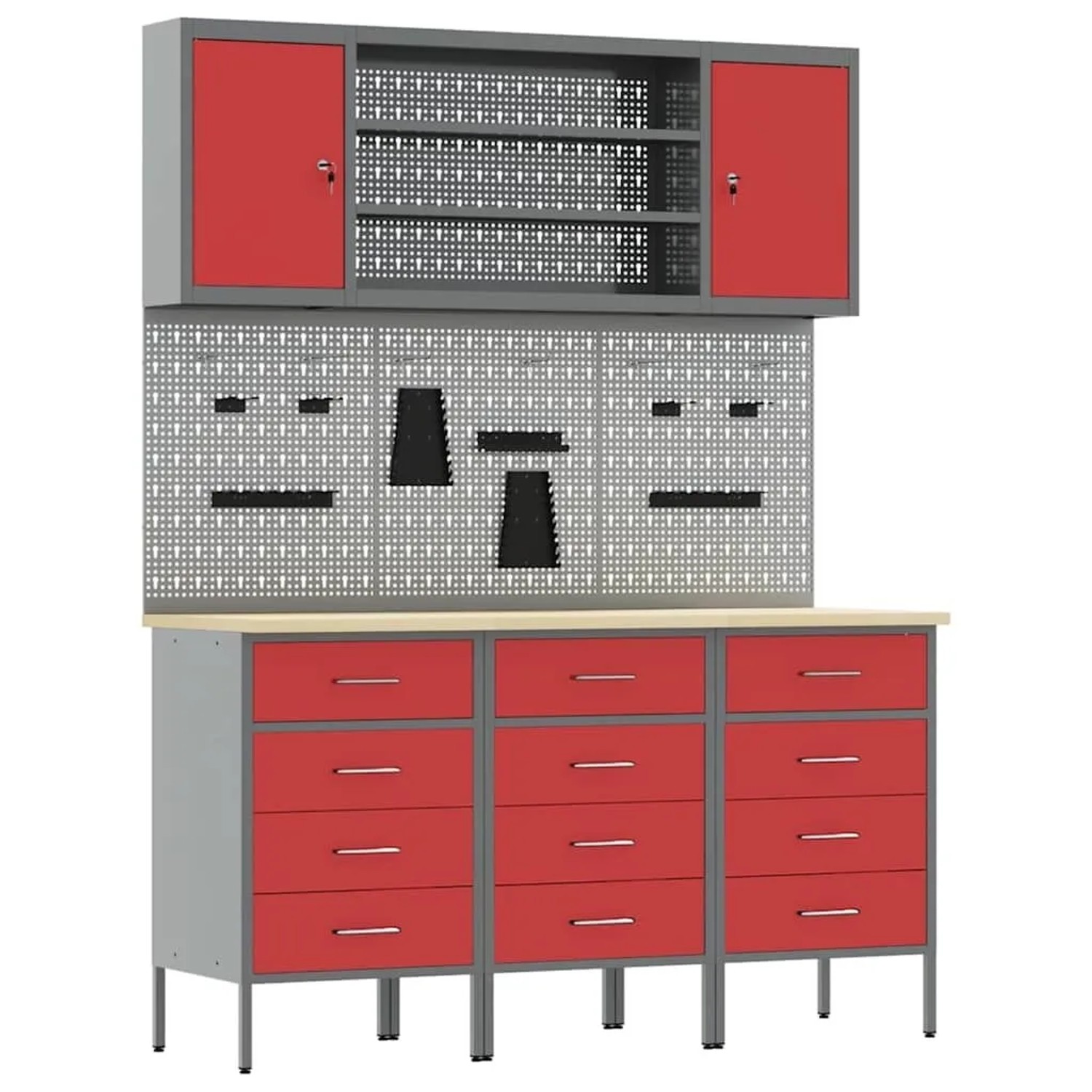 vidaXL Werkbank mit Schubladen 7-Tlg Rot Ingenieure Holz und Stahl 3321437