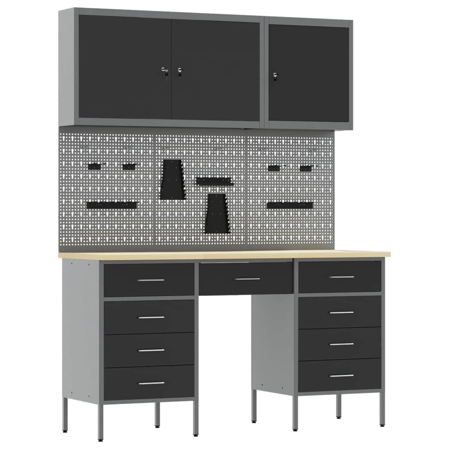 vidaXL Werkbank mit Schubladen 8-Tlg Schwarz Ingenieure Holz und Stahl 3321458