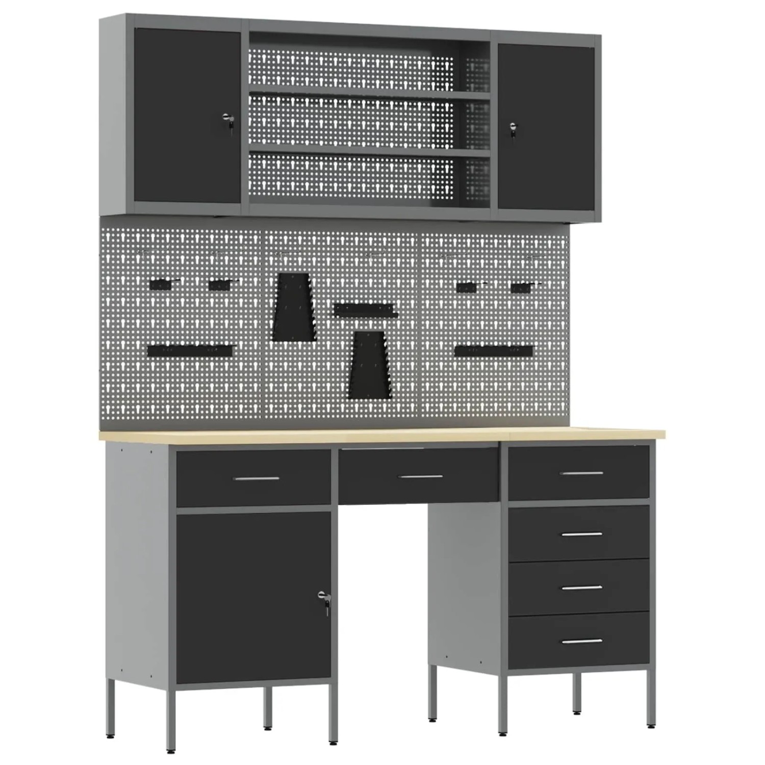 vidaXL Werkbank mit Schubladen 8-Tlg Schwarz Ingenieure Holz und Stahl 3321466
