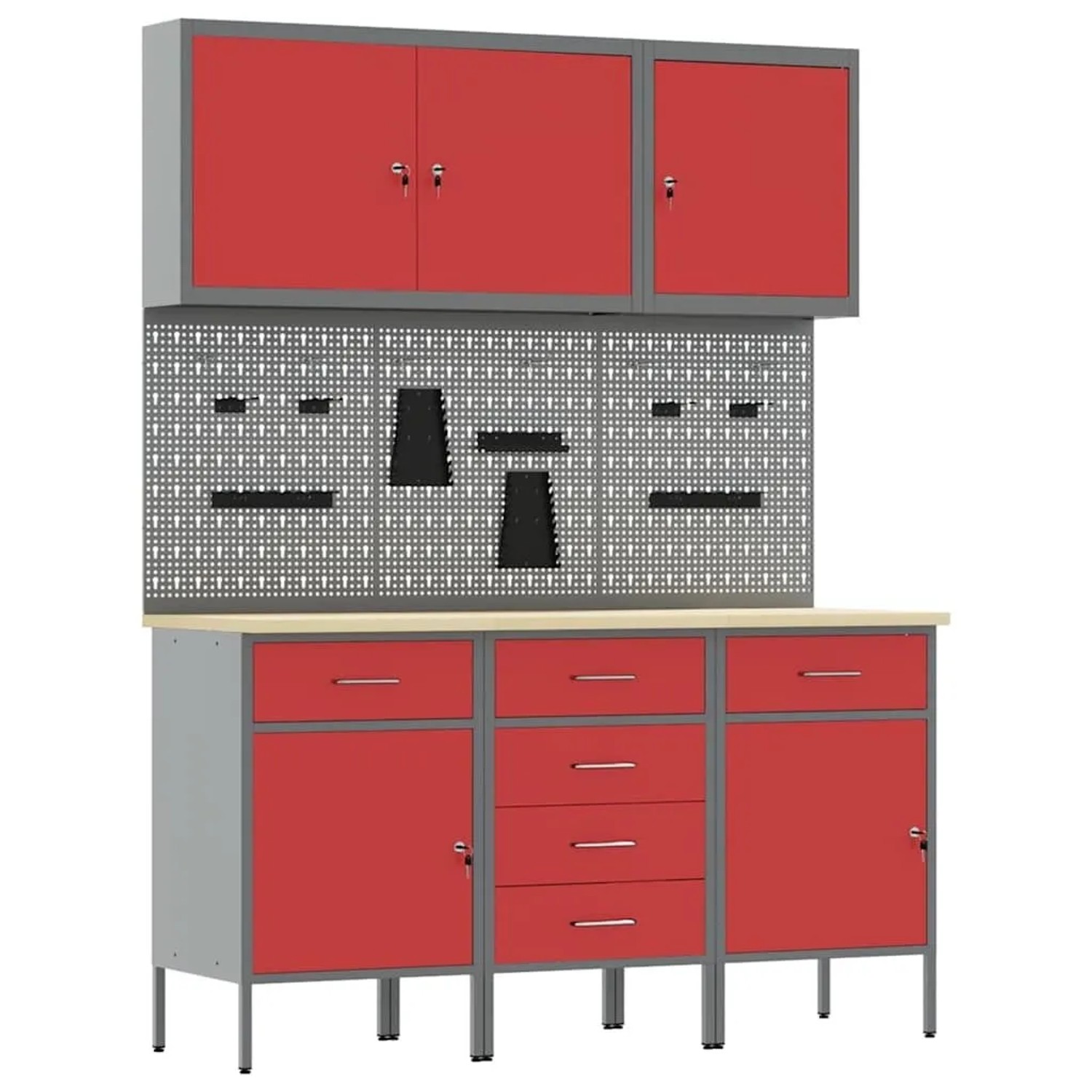 vidaXL Werkbank mit Schubladen 8-Tlg Rot Ingenieure Holz und Stahl 3321441