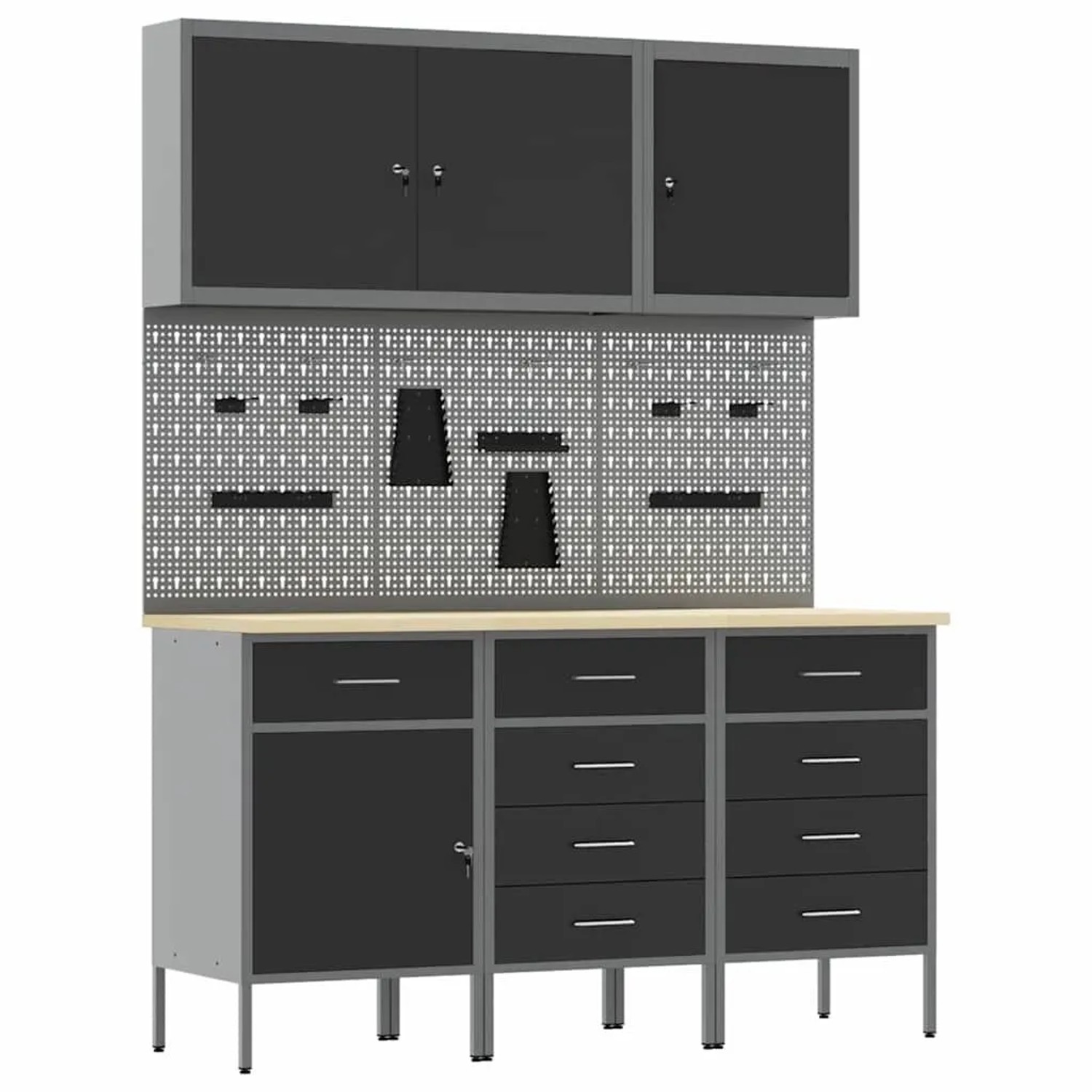 vidaXL Werkbank mit Schubladen 8-Tlg Schwarz Ingenieure Holz und Stahl 3321446