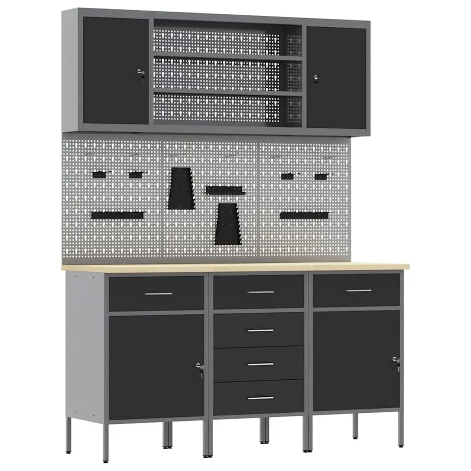 vidaXL Werkbank mit Schubladen 7-Tlg Schwarz Ingenieure Holz und Stahl 3321442
