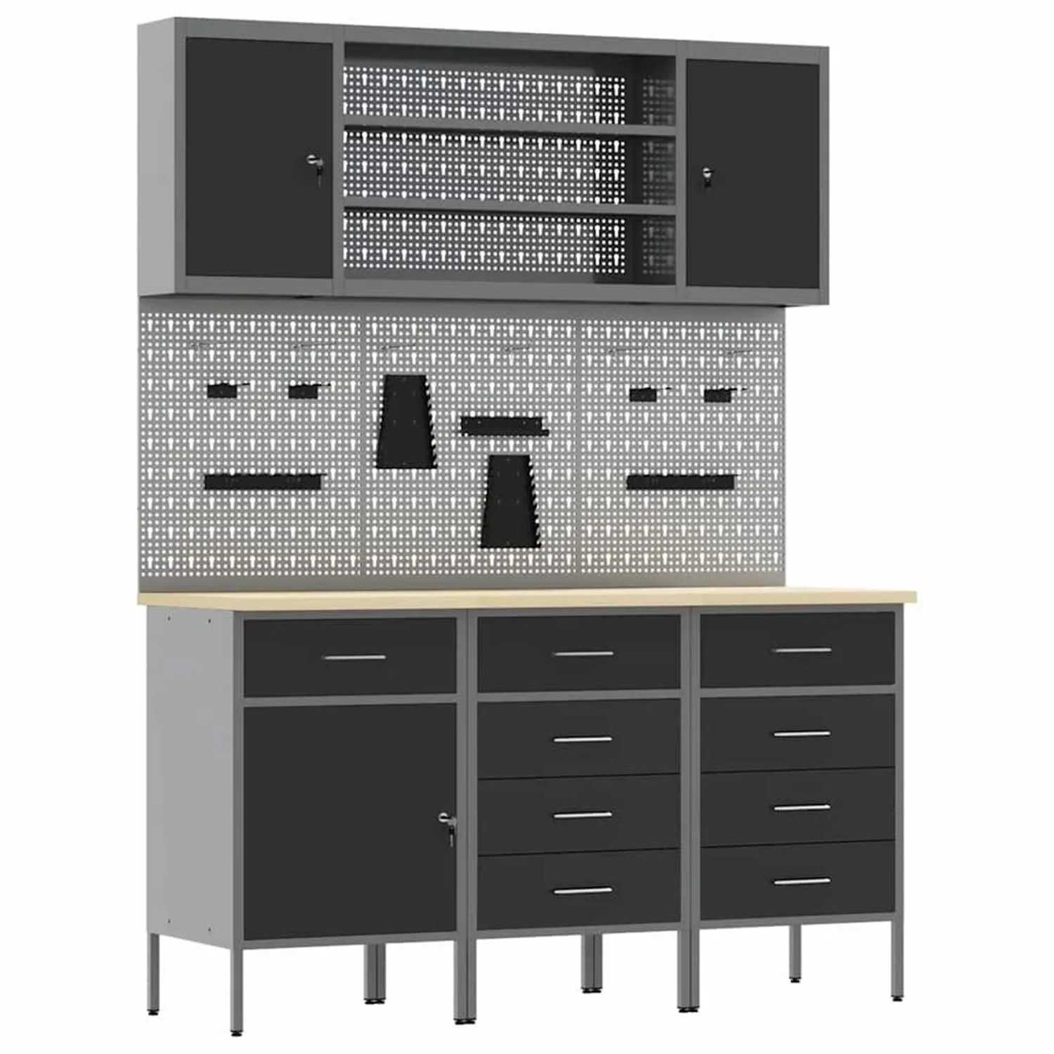 vidaXL Werkbank mit Schubladen 7-Tlg Schwarz Ingenieure Holz und Stahl 3321448