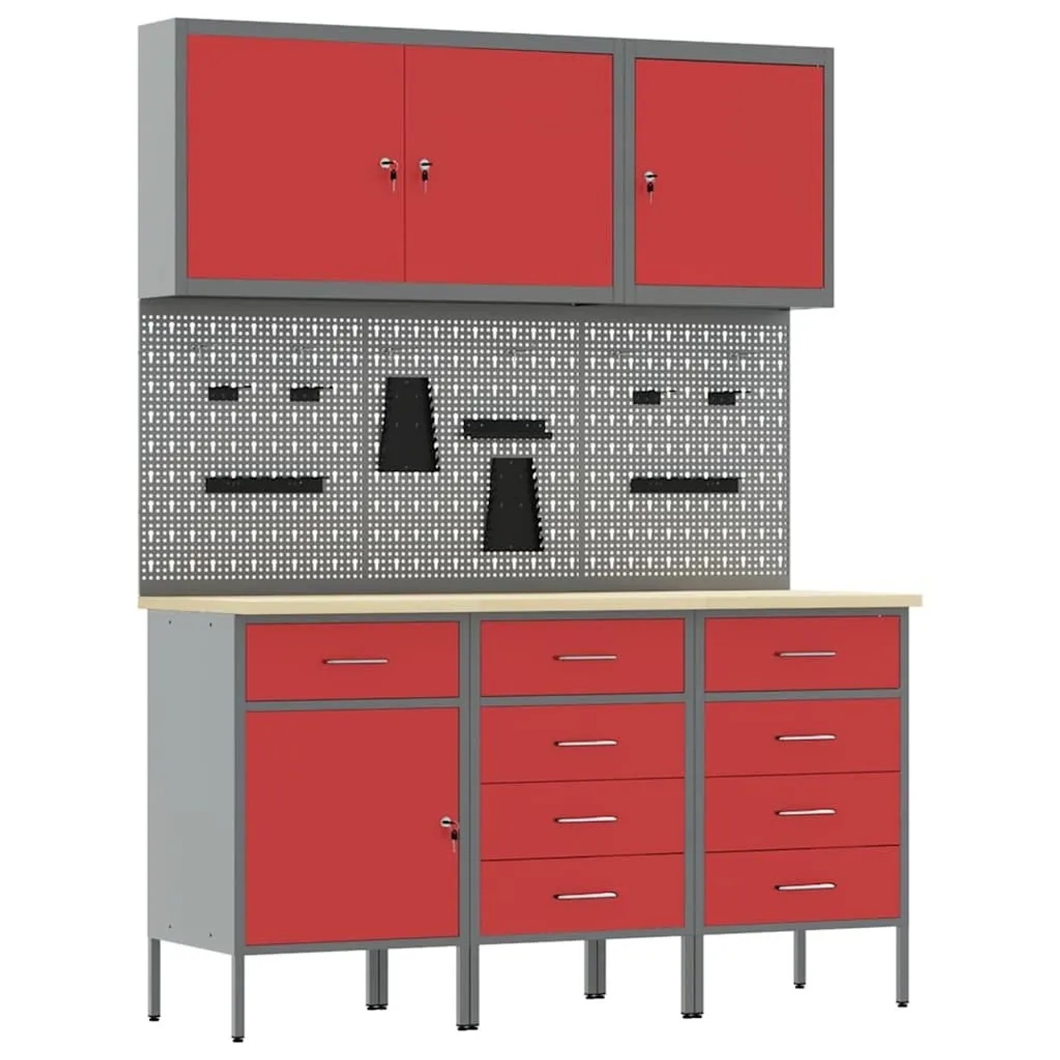 vidaXL Werkbank mit Schubladen 8-Tlg Rot Ingenieure Holz und Stahl 3321447