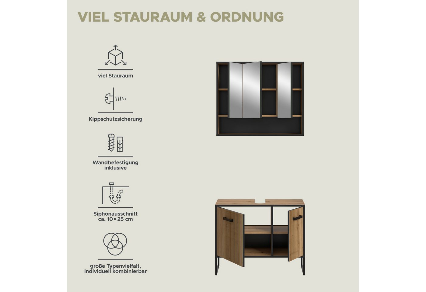 welltime Badezimmer-Set LOCRI, 2-tlg. Badkombination, Breite 80 cm, Rillenoptik, Metallkufen, (2-St., bestehend aus: Waschbeckeunterschrank & Spiegelschrank), Bad-Kombination, Bad-Möbel, Badezimmer, Kombination, Kombi