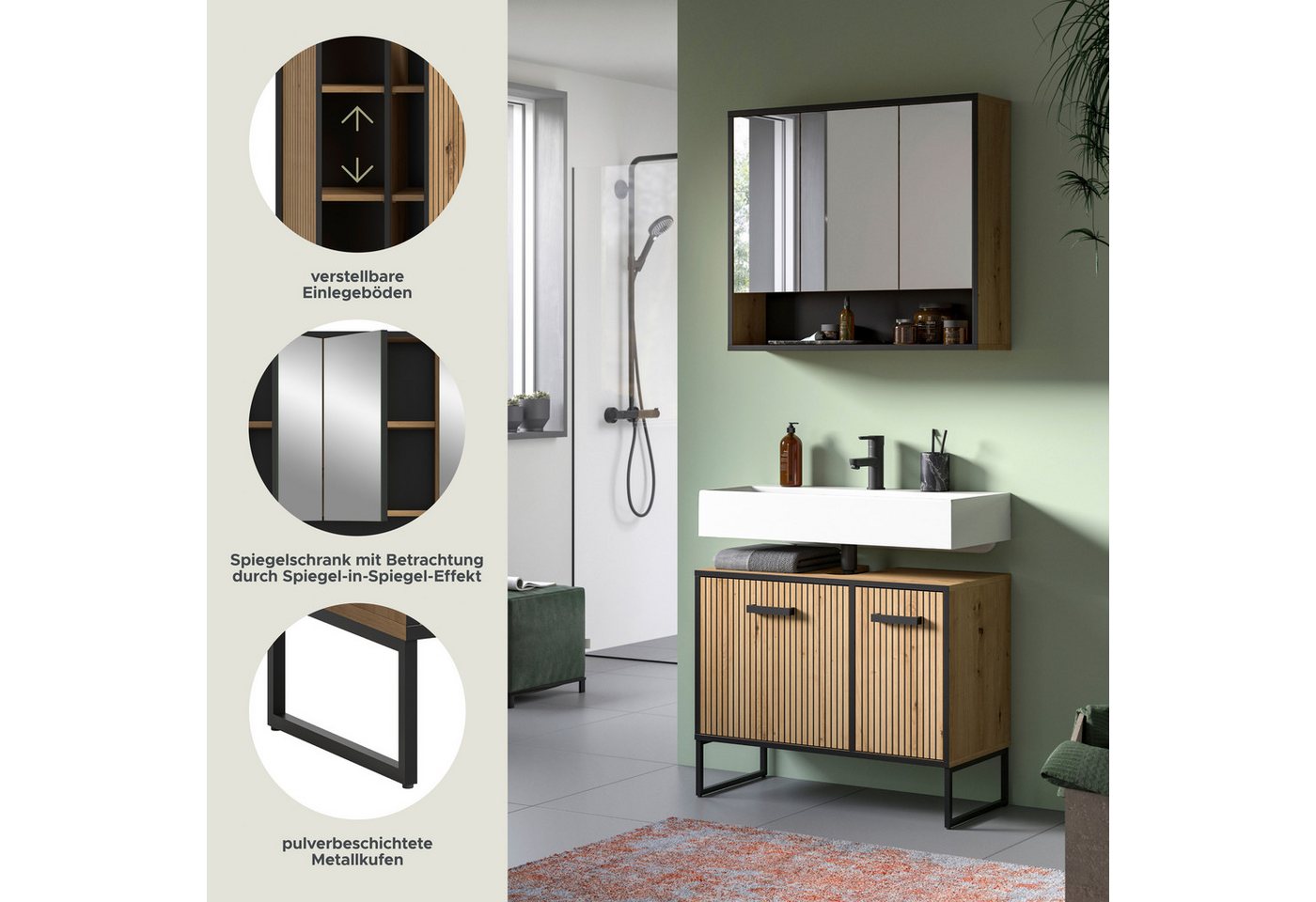 welltime Badezimmer-Set LOCRI, 2-tlg. Badkombination, Breite 80 cm, Rillenoptik, Metallkufen, (2-St., bestehend aus: Waschbeckeunterschrank & Spiegelschrank), Bad-Kombination, Bad-Möbel, Badezimmer, Kombination, Kombi Bild 2