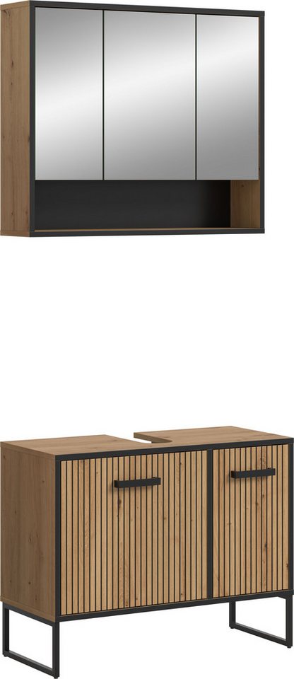 welltime Badezimmer-Set LOCRI, 2-tlg. Badkombination, Breite 80 cm, Rillenoptik, Metallkufen, (2-St., bestehend aus: Waschbeckeunterschrank & Spiegelschrank), Bad-Kombination, Bad-Möbel, Badezimmer, Kombination, Kombi Bild 3