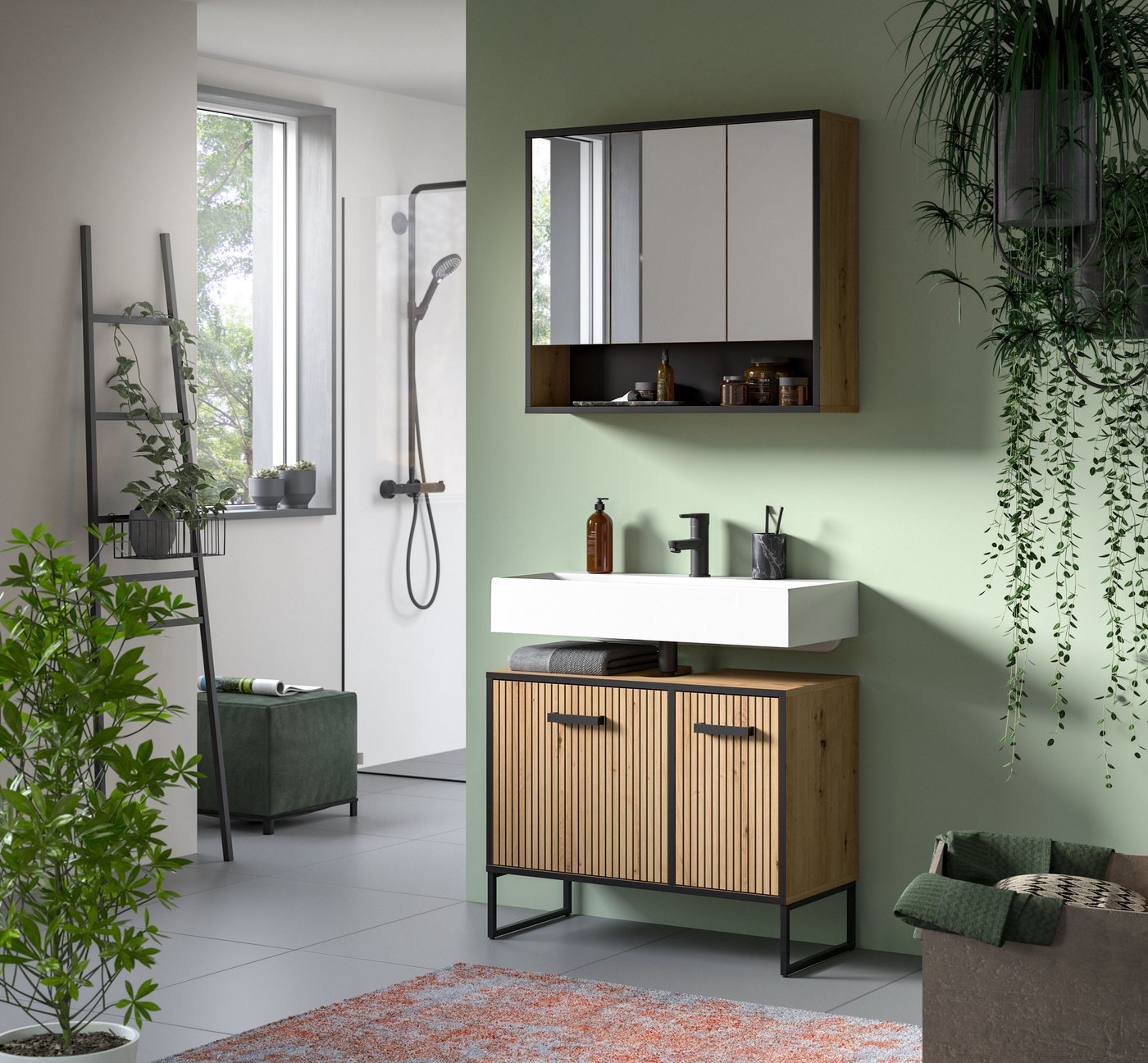 welltime Badezimmer-Set LOCRI, 2-tlg. Badkombination, Breite 80 cm, Rillenoptik, Metallkufen, (2-St., bestehend aus: Waschbeckeunterschrank & Spiegelschrank), Bad-Kombination, Bad-Möbel, Badezimmer, Kombination, Kombi Bild 4