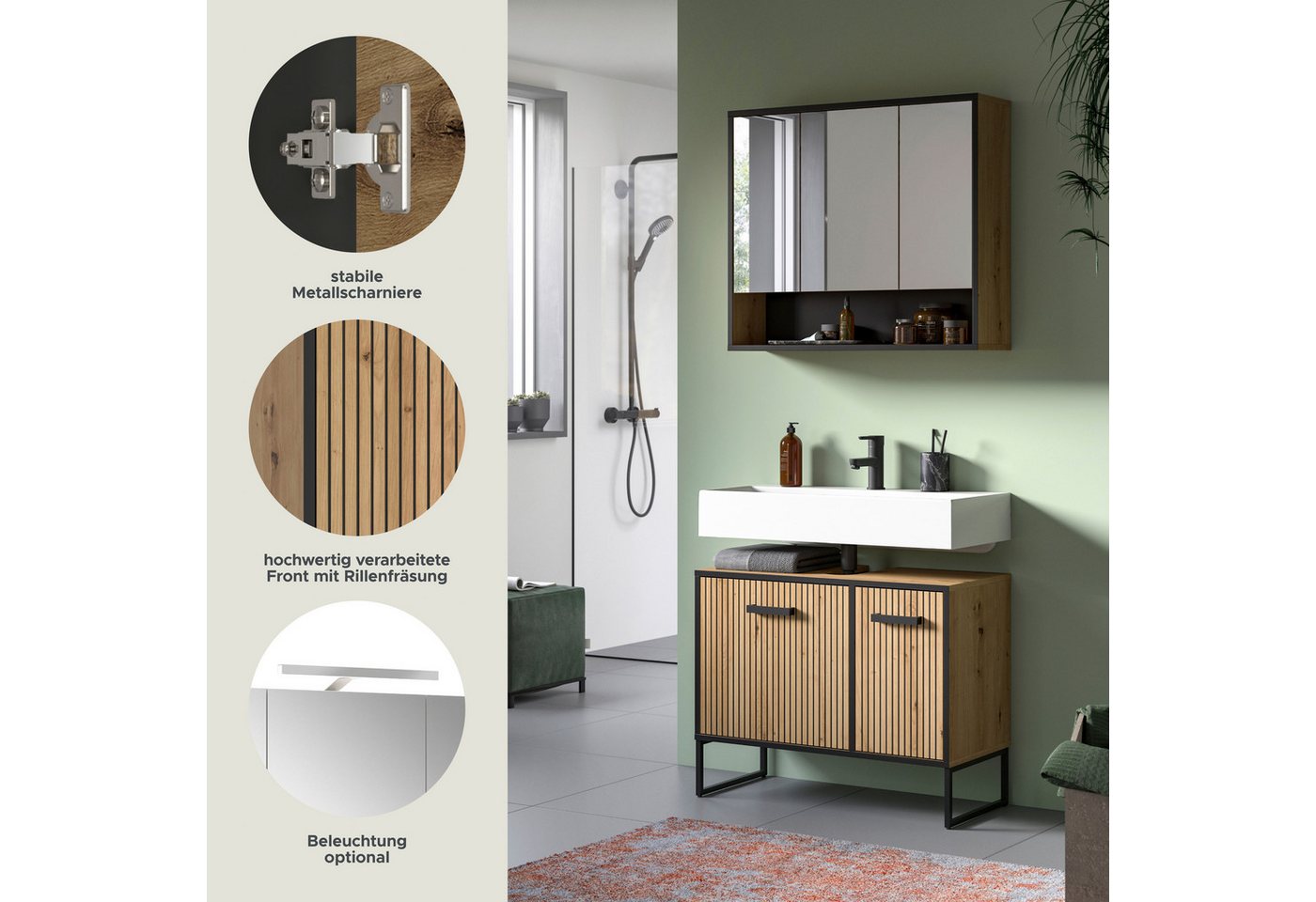welltime Badezimmer-Set LOCRI, 2-tlg. Badkombination, Breite 80 cm, Rillenoptik, Metallkufen, (2-St., bestehend aus: Waschbeckeunterschrank & Spiegelschrank), Bad-Kombination, Bad-Möbel, Badezimmer, Kombination, Kombi Bild 5