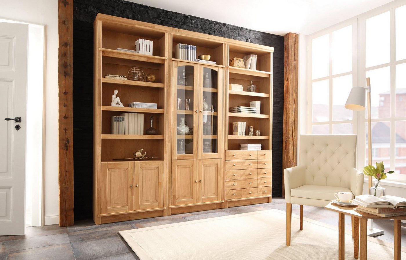 OTTO home Bücherregal Soeren Eiche Regal B/T/H: 80/29/220 cm mit 2 Türen, mit Eiche-Elementen, FSC®-zertifiziert, insgesamt 7 Fächer