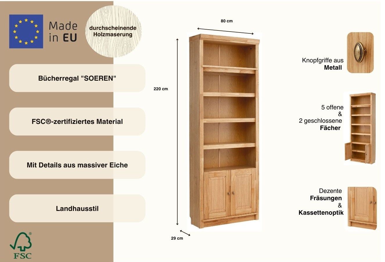 OTTO home Bücherregal Soeren Eiche Regal B/T/H: 80/29/220 cm mit 2 Türen, mit Eiche-Elementen, FSC®-zertifiziert, insgesamt 7 Fächer Bild 4