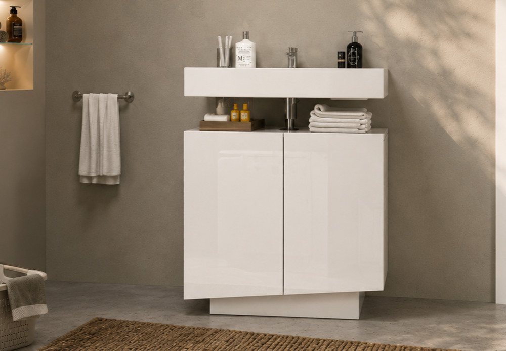 welltime Waschbeckenunterschrank Vela,Breite 60cm, 2 Türen, 2 Fächer, mit Siphonausschnitt, lackiert (1-St) Waschbeckenunterschrank,Waschtisch,Design mit schrägen Türen