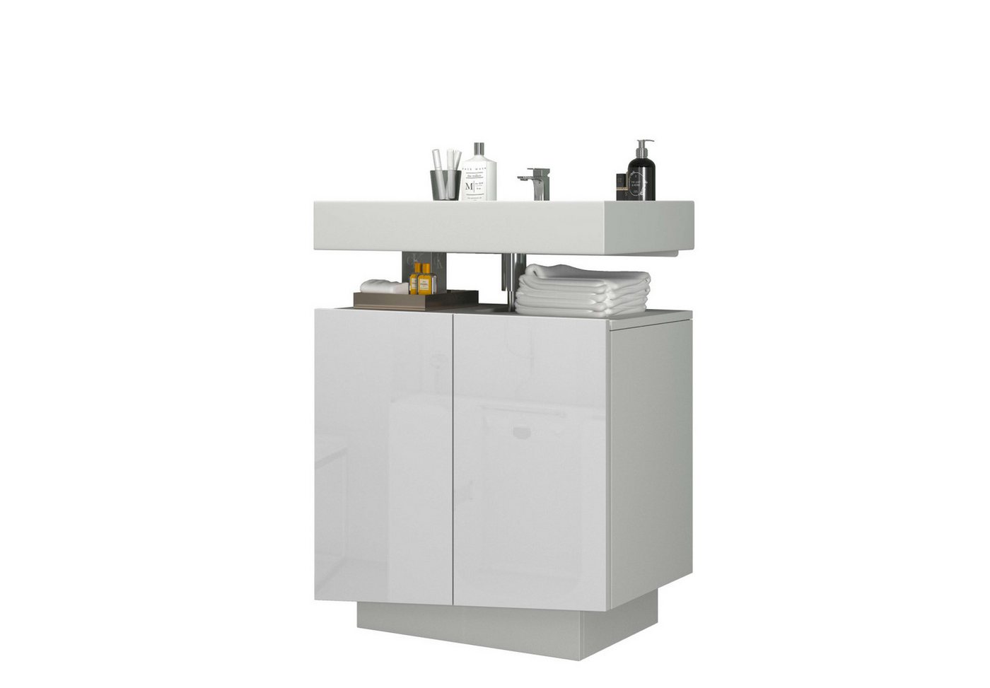welltime Waschbeckenunterschrank Vela,Breite 60cm, 2 Türen, 2 Fächer, mit Siphonausschnitt, lackiert (1-St) Waschbeckenunterschrank,Waschtisch,Design mit schrägen Türen Bild 5