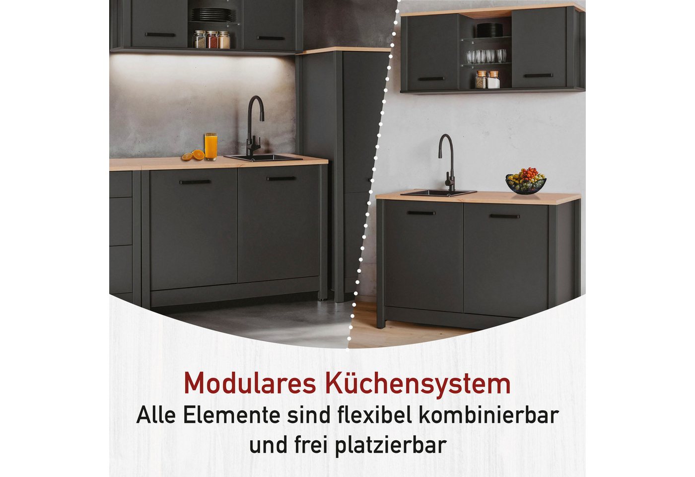 Inter Link Küchenzeile Pienza, Einbauküche, Küchenblock, Küchenmodul, Kompaktküche, Ohne E-Geräte, für Spüle/Spülmaschine, Kochfeld, B: 230 cm