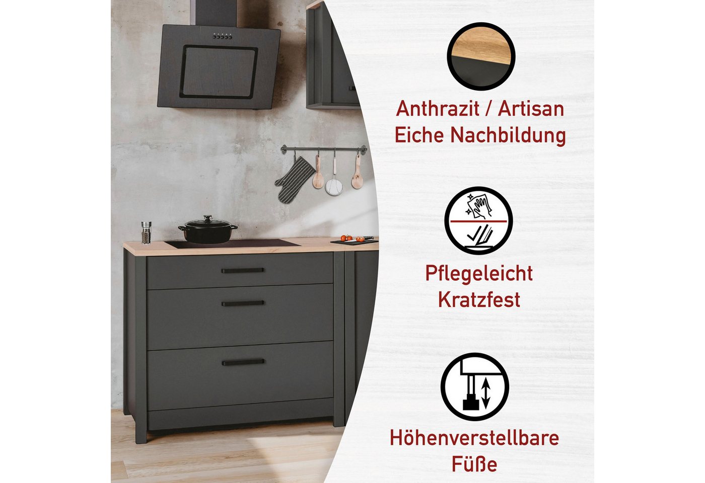 Inter Link Küchenzeile Pienza, Einbauküche, Küchenblock, Küchenmodul, Kompaktküche, Ohne E-Geräte, für Spüle/Spülmaschine, Kochfeld, B: 230 cm Bild 4