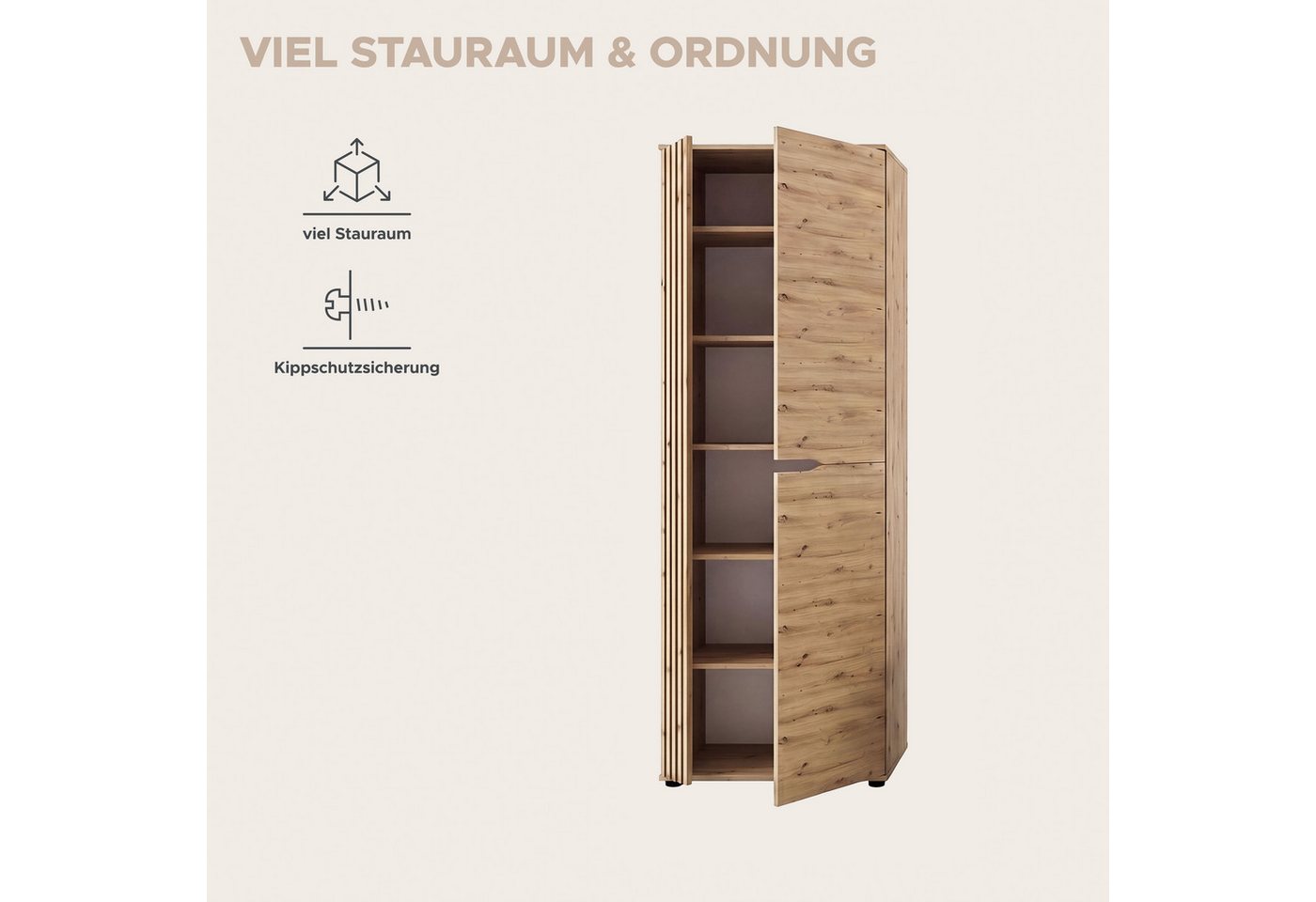 OTTO home Garderobenschrank FJELL, Breite 65cm, 2 Türen, 4 Einlegeböden, 6 Fächer, 1 Kleiderstange (hochwertig verarbeitete Längsfräsung, praktische Griffaussparung) Kleiderschrank, Schrank, Dielenschrank, Flurschrank, Mehrzweckschrank Bild 2