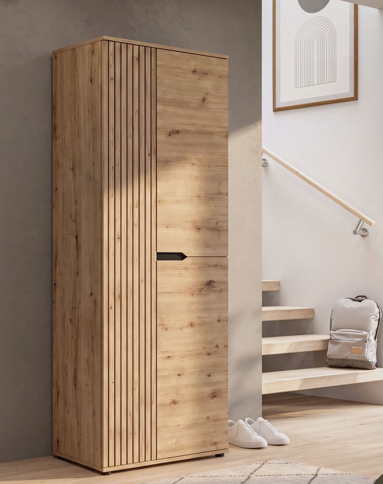 OTTO home Garderobenschrank FJELL, Breite 65cm, 2 Türen, 4 Einlegeböden, 6 Fächer, 1 Kleiderstange (hochwertig verarbeitete Längsfräsung, praktische Griffaussparung) Kleiderschrank, Schrank, Dielenschrank, Flurschrank, Mehrzweckschrank Bild 5