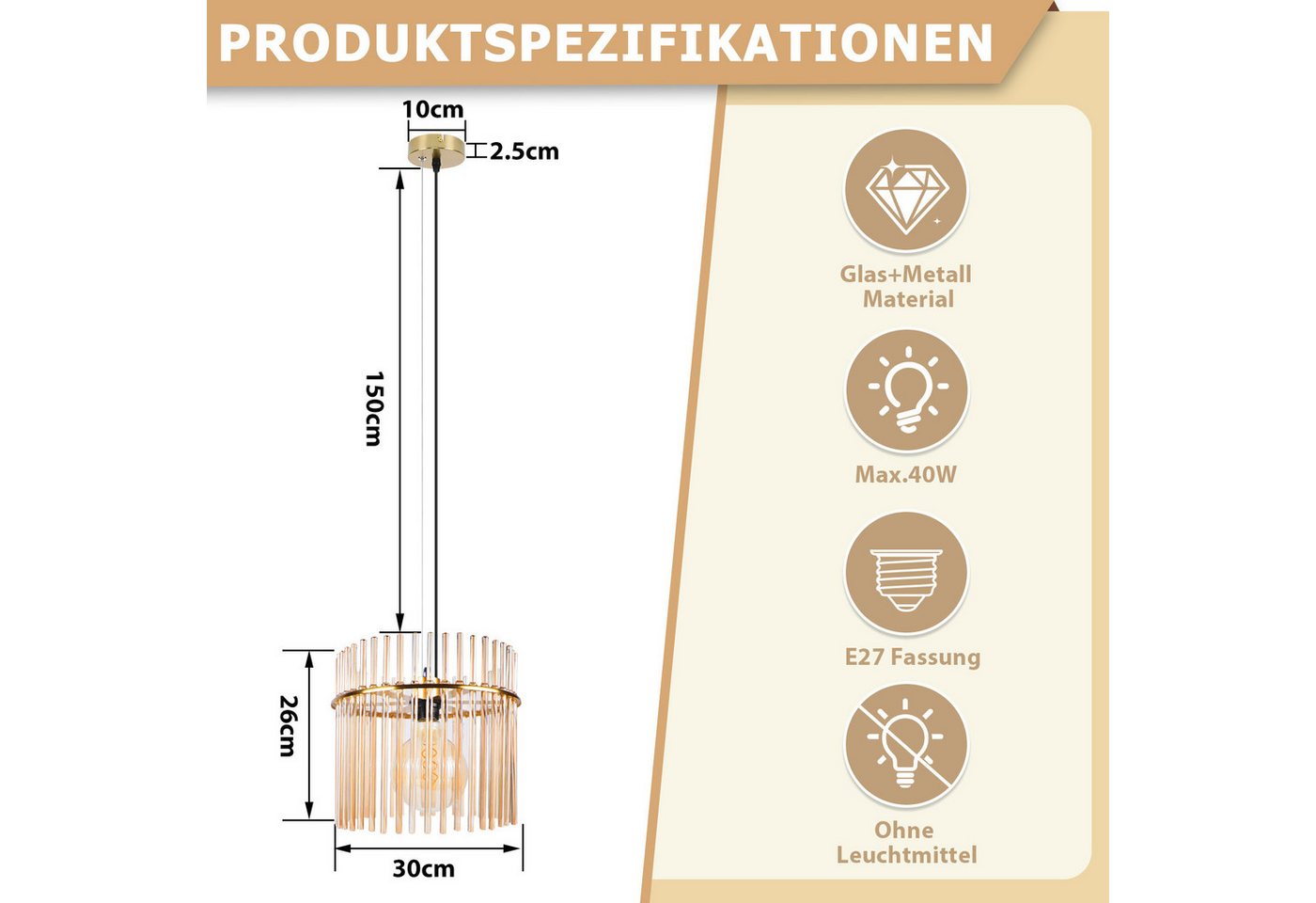 ZMH Pendelleuchte Glas, 1-flammige Esstischlampe E27, höhenverstellbare Hängeleuchte, ohne Leuchtmittel, für Esszimmer, Küche und Schlafzimmer Bild 3