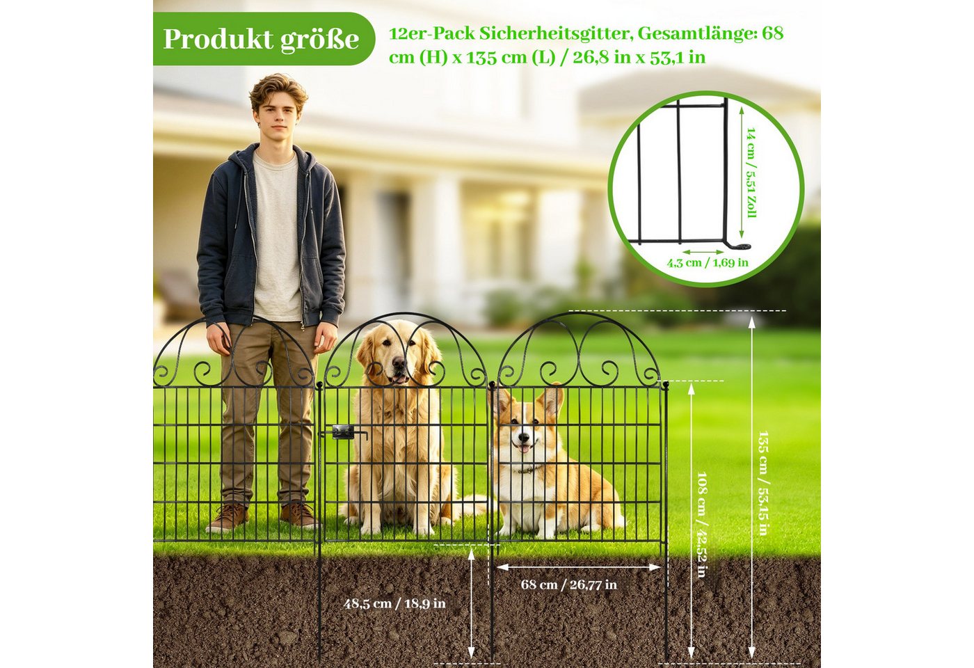 BlingBin Gartenzaun Metallzaunpaneelen Metall Steckzaun ohne Graben, 11 Elemente, 1 Türen, (Gartenzaun mit Tor Set (12 Teilig), 12-St., 12pcs), 135x68cm Temporärer Tierzaun als Barriere für Garten, Hof und Terrasse Bild 3