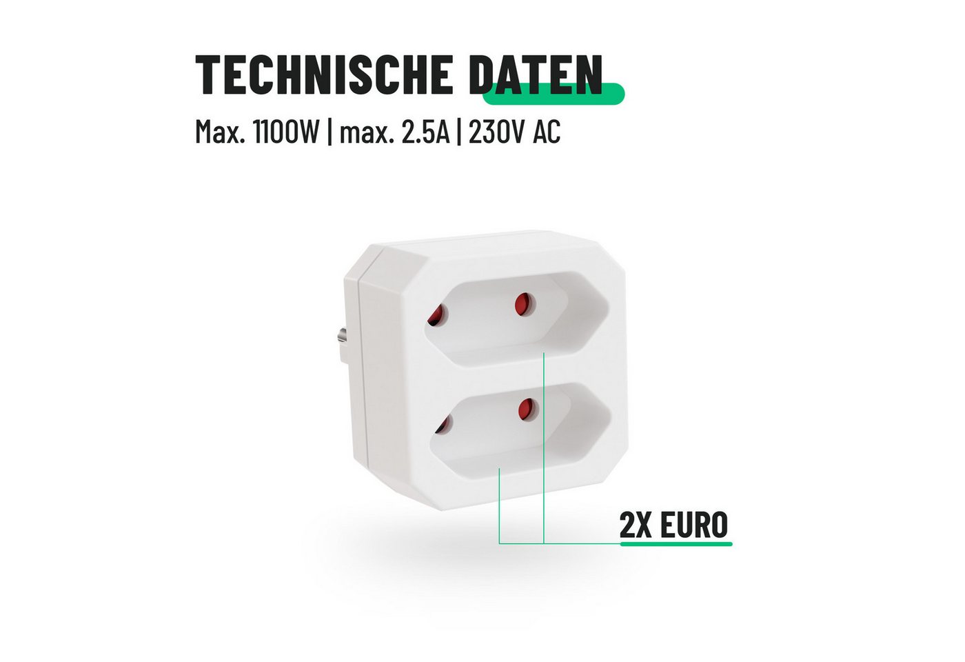 greate. 6x 2fach Steckdosenadapter bis 1100W, 2er Mehrfachsteckdose ohne Kabel Mehrfachsteckdose 2-fach (Erhöhter Berührungsschutz) Bild 2