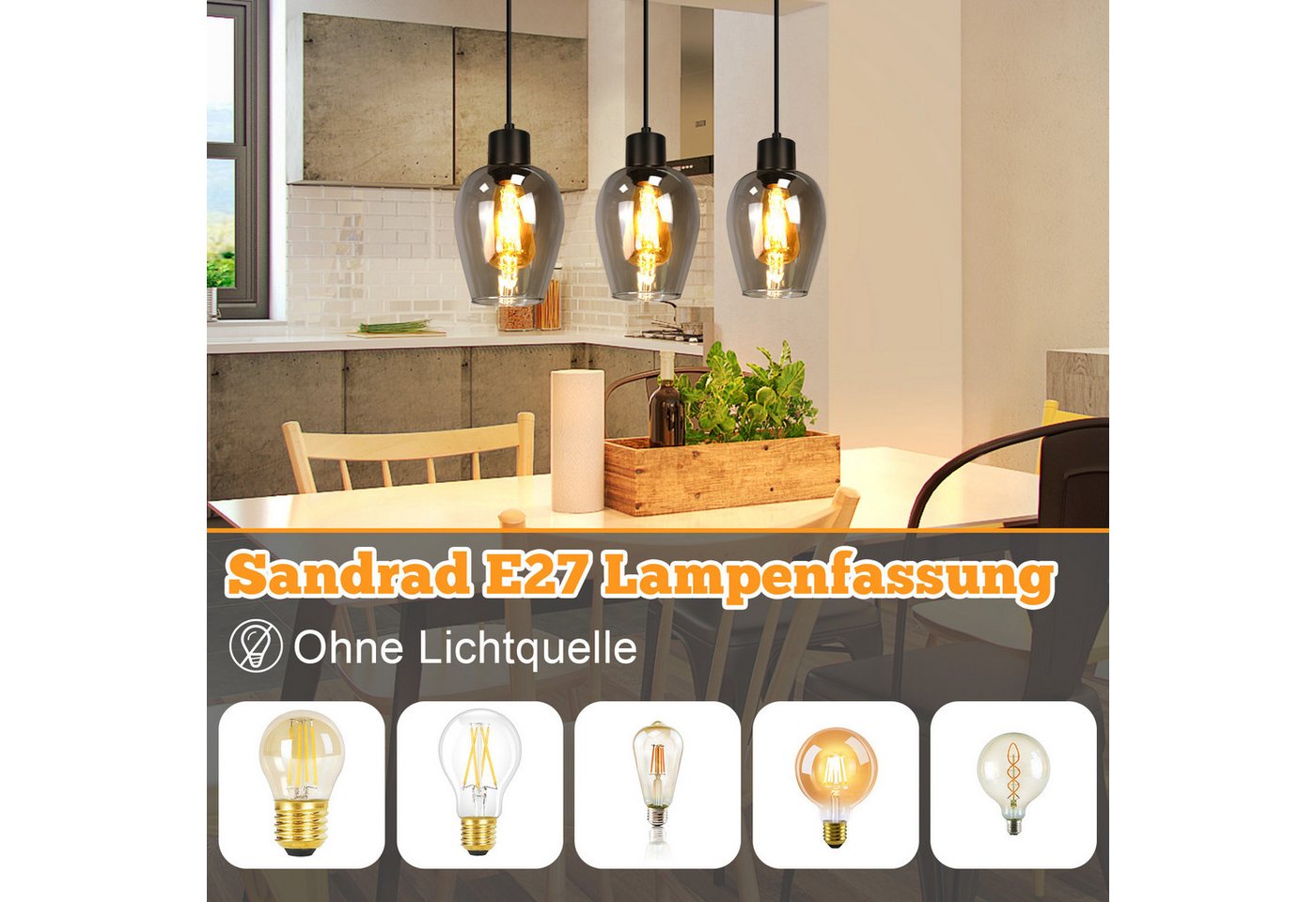 ZMH Pendelleuchte Esstisch 1/3/4-flammig, Hängeleuchte E27 aus Rauchglas und Metall, ohne Leuchtmittel, Vintage kreative Esstisch Küchenlampe für Wohnzimmer Schlafzimmer Bild 2