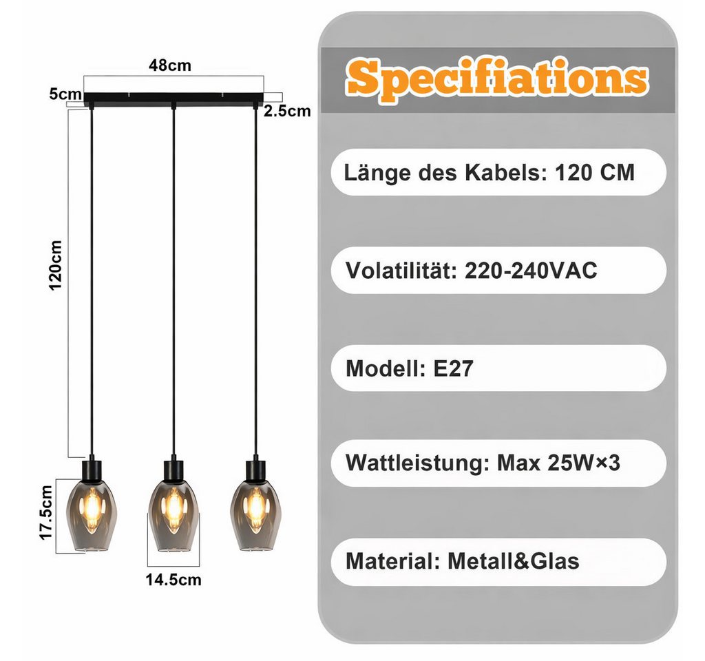 ZMH Pendelleuchte Esstisch 1/3/4-flammig, Hängeleuchte E27 aus Rauchglas und Metall, ohne Leuchtmittel, Vintage kreative Esstisch Küchenlampe für Wohnzimmer Schlafzimmer Bild 3