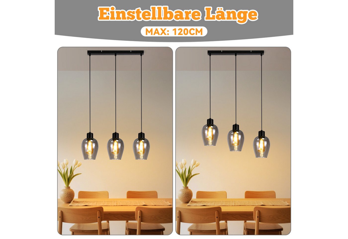 ZMH Pendelleuchte Esstisch 1/3/4-flammig, Hängeleuchte E27 aus Rauchglas und Metall, ohne Leuchtmittel, Vintage kreative Esstisch Küchenlampe für Wohnzimmer Schlafzimmer Bild 4