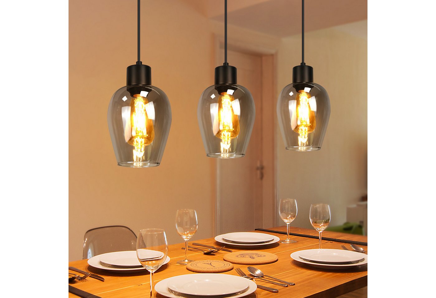 ZMH Pendelleuchte Esstisch 1/3/4-flammig, Hängeleuchte E27 aus Rauchglas und Metall, ohne Leuchtmittel, Vintage kreative Esstisch Küchenlampe für Wohnzimmer Schlafzimmer Bild 5