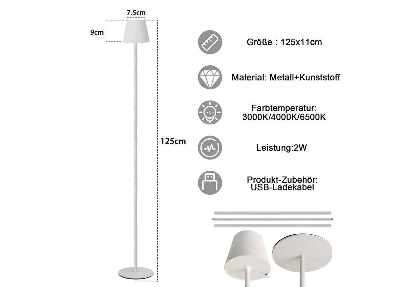 ZMH LED Stehlampe Akku, kabellose Standleuchte dimmbar, 3 Farbtemperaturen 3000-6500 K, Einfache Installation, LED fest integriert, Touch, USB, 125 cm,für Wohnzimmer, Schlafzimmer und Büro