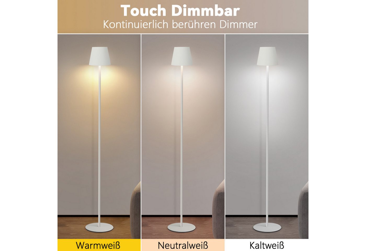 ZMH LED Stehlampe Akku, kabellose Standleuchte dimmbar, 3 Farbtemperaturen 3000-6500 K, Einfache Installation, LED fest integriert, Touch, USB, 125 cm,für Wohnzimmer, Schlafzimmer und Büro Bild 3
