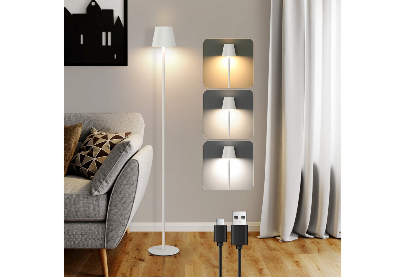 ZMH LED Stehlampe Akku, kabellose Standleuchte dimmbar, 3 Farbtemperaturen 3000-6500 K, Einfache Installation, LED fest integriert, Touch, USB, 125 cm,für Wohnzimmer, Schlafzimmer und Büro Bild 4