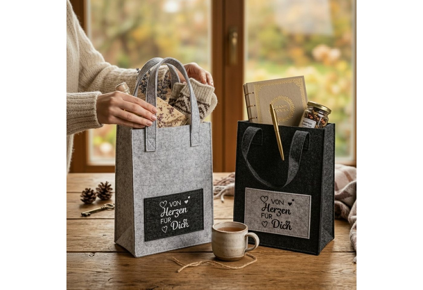 Macosa Home Geschenk-Tragetasche Geschenktasche von Herzen Filz Grau 26 cm, (2St), Henkel Filztasche Geschenktüten modern Filztüte