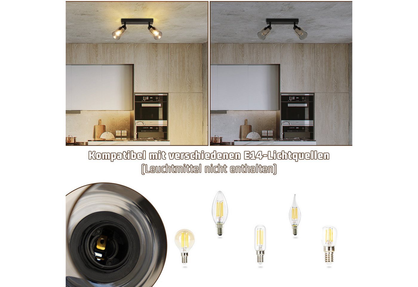 ZMH Deckenstrahler 1/2/3/4/6 Flammig Schwarz Industrial E14 Deckenlampe für Wohnzimmer, Einfache Installation, ohne Leuchtmittel, Glas Deckenspots Schwenkbar 350° Wandstrahler für Küche