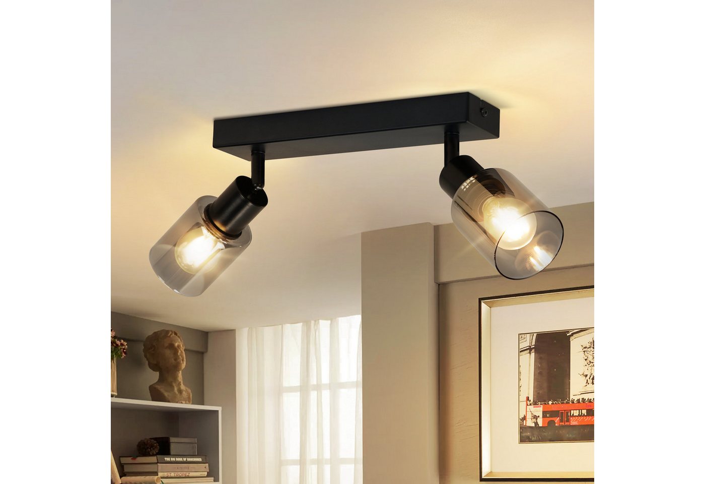 ZMH Deckenstrahler 1/2/3/4/6 Flammig Schwarz Industrial E14 Deckenlampe für Wohnzimmer, Einfache Installation, ohne Leuchtmittel, Glas Deckenspots Schwenkbar 350° Wandstrahler für Küche Bild 2