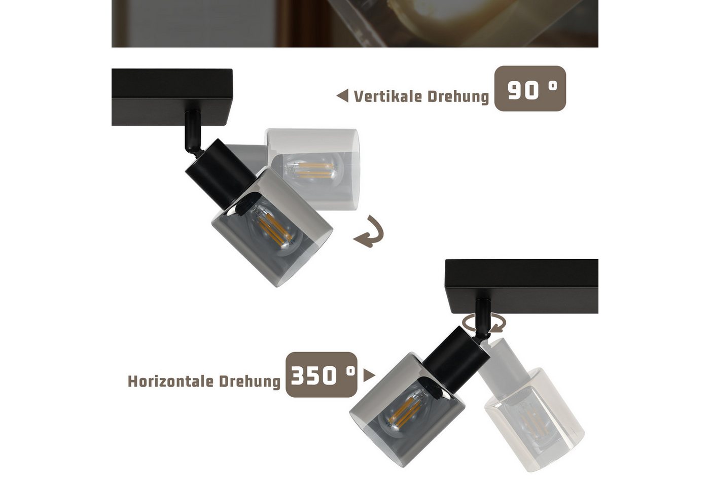 ZMH Deckenstrahler 1/2/3/4/6 Flammig Schwarz Industrial E14 Deckenlampe für Wohnzimmer, Einfache Installation, ohne Leuchtmittel, Glas Deckenspots Schwenkbar 350° Wandstrahler für Küche Bild 5