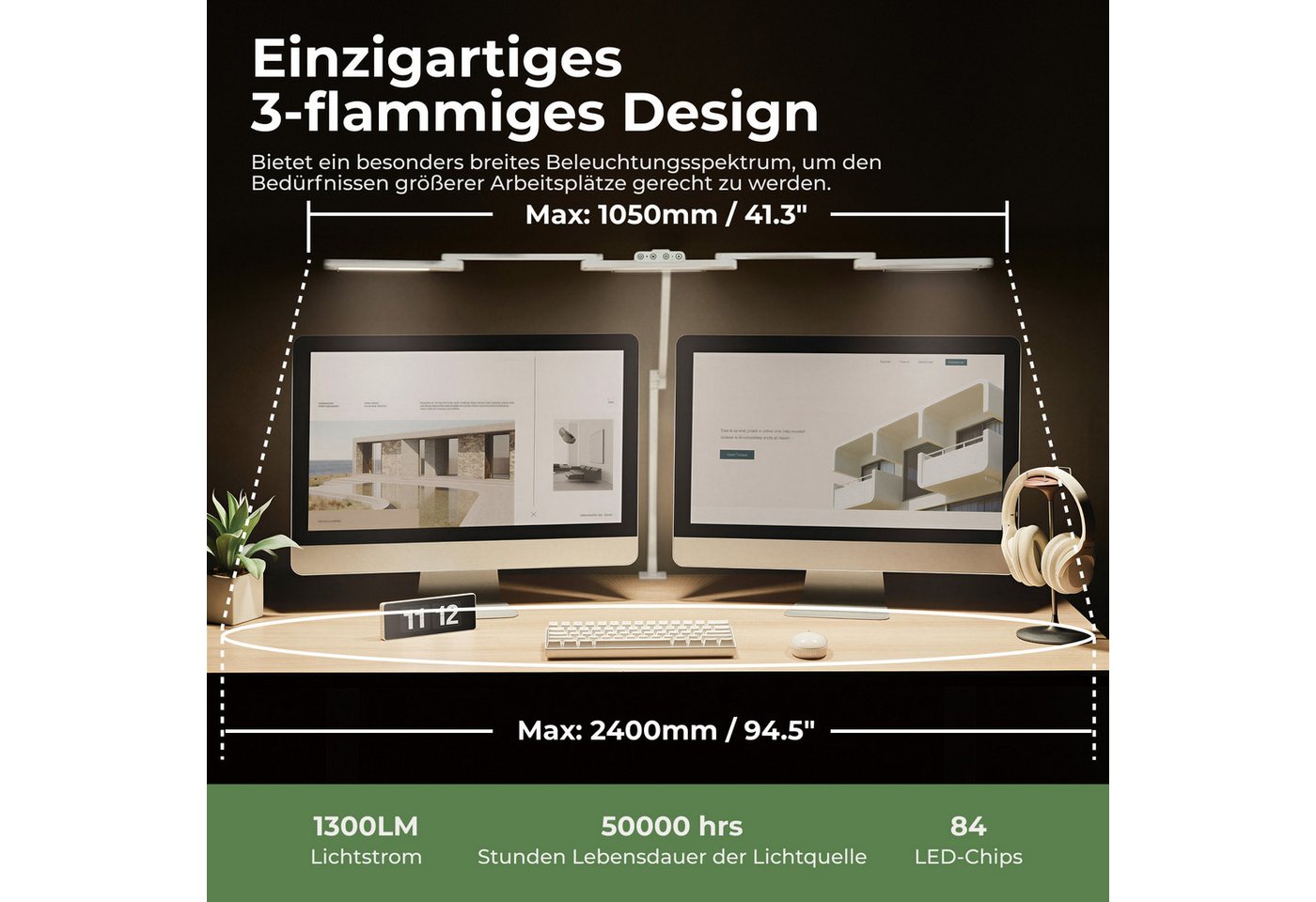 HOKO LED Schreibtischlampe mit Klemme, LED-Schreibtischlampe, LED-Schreibtischleuchte mit breitem Doppelkopf & Lichtsensor, 1300 lm, 5 Farbtemperaturen, stufenlos dimmbar, für Lernen, Büro, Weiß, LUKAS Bild 3