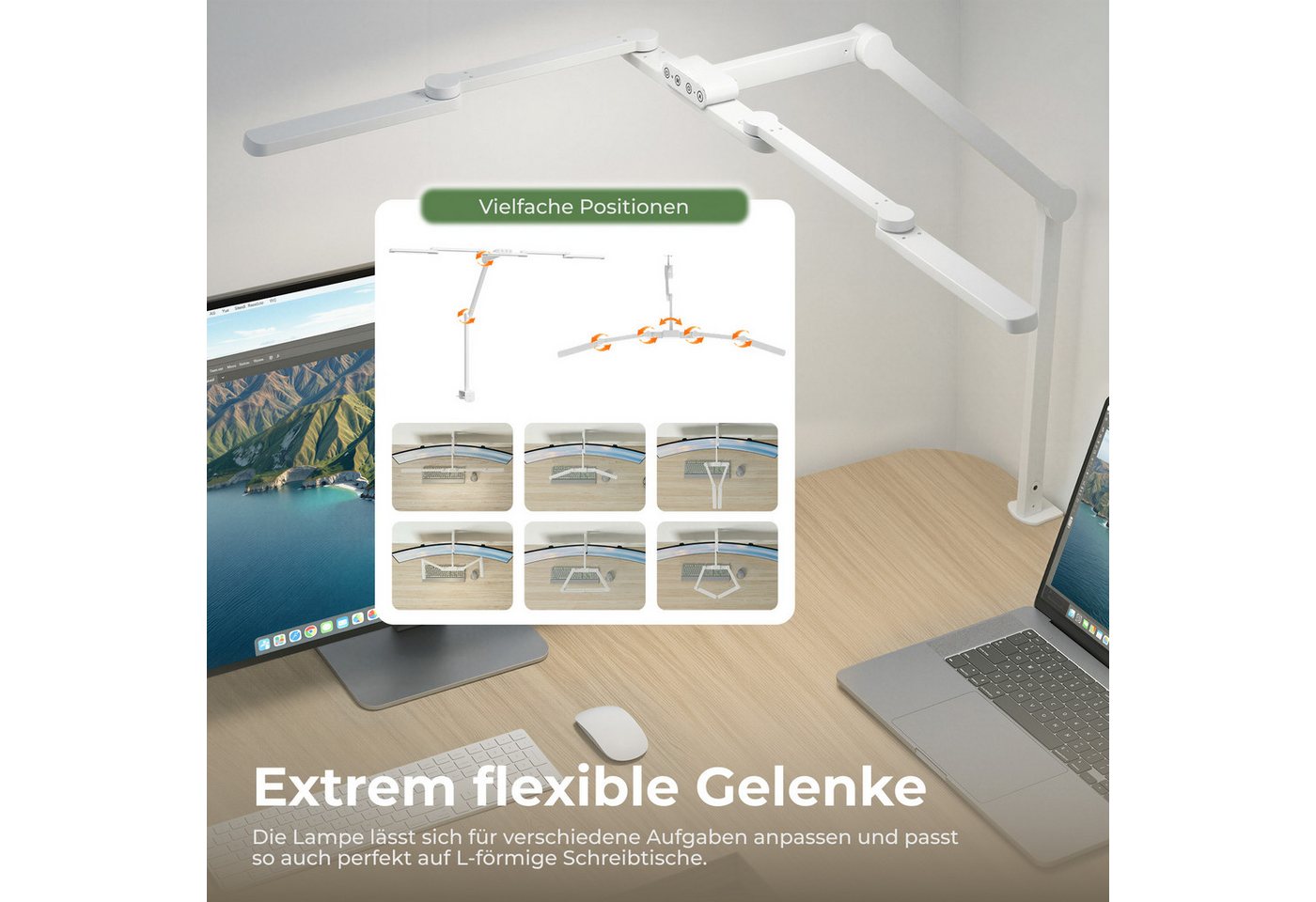 HOKO LED Schreibtischlampe mit Klemme, LED-Schreibtischlampe, LED-Schreibtischleuchte mit breitem Doppelkopf & Lichtsensor, 1300 lm, 5 Farbtemperaturen, stufenlos dimmbar, für Lernen, Büro, Weiß, LUKAS Bild 5