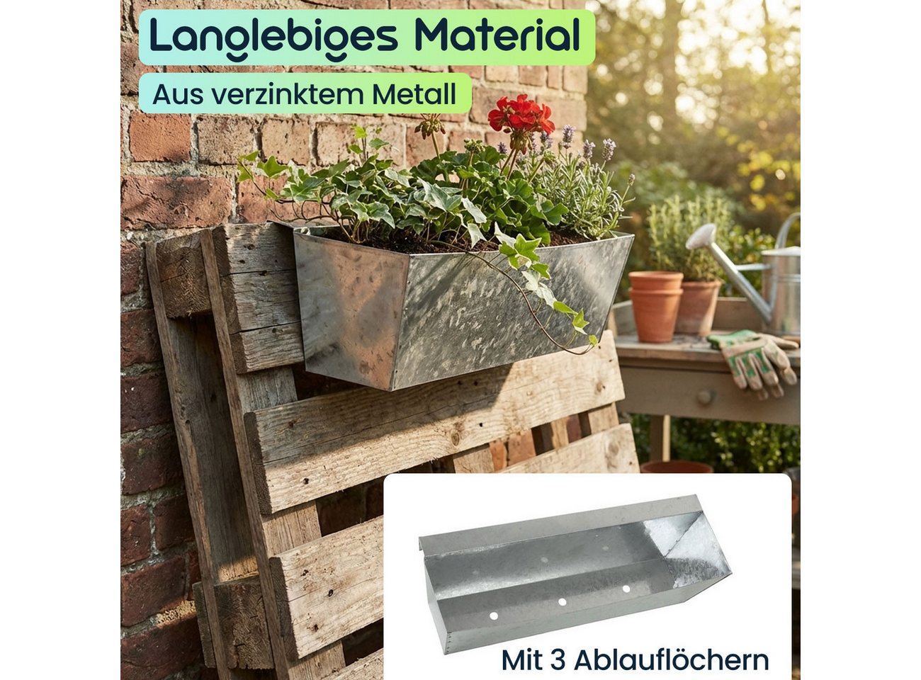 shop'n smile ideoon Balkonkasten Balkonkasten für Europaletten & Geländer (bis 2,5 cm), verzinkt (2 St), Mit 3 Wasserablauflöchern im Boden