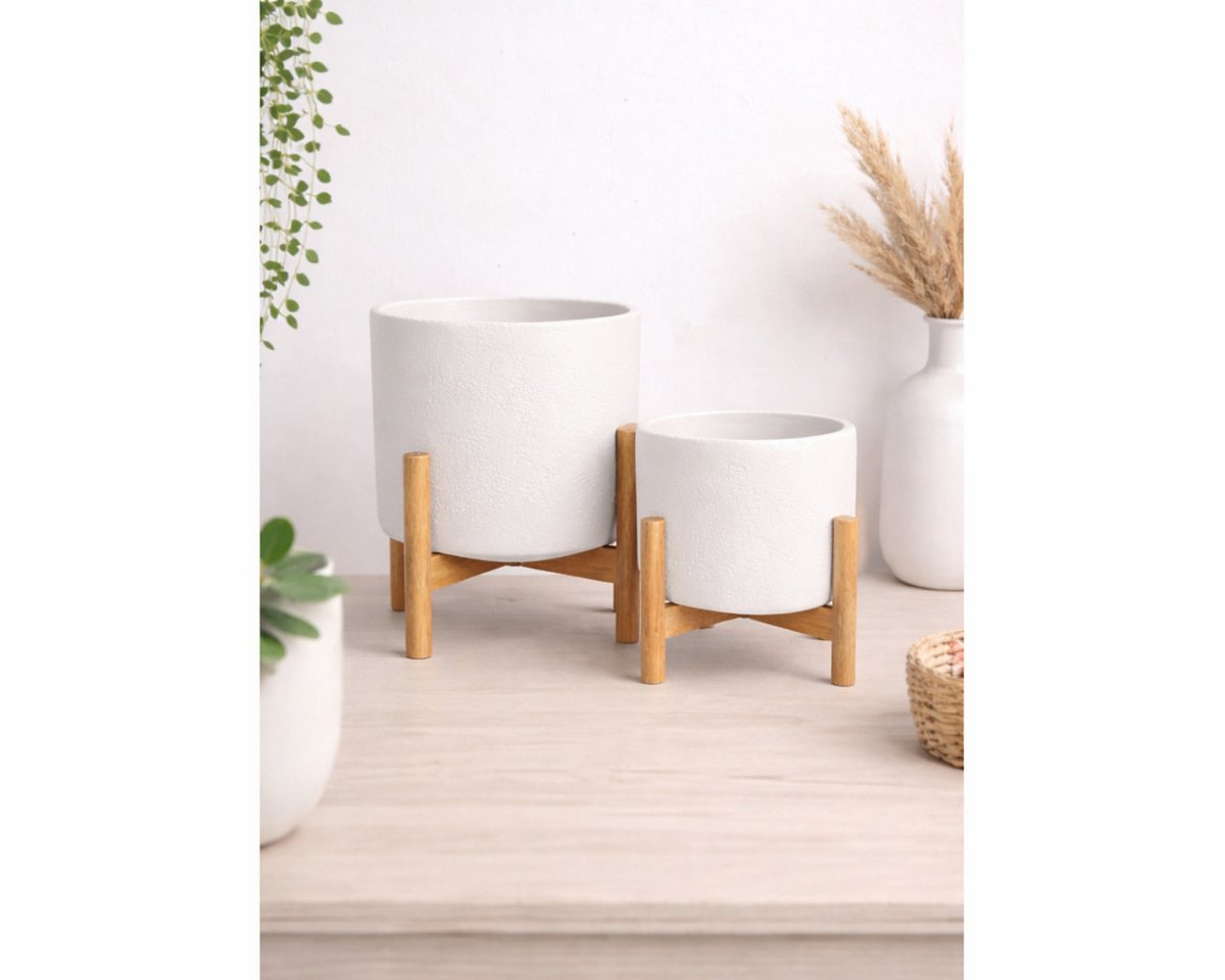 COFI 1453 Blumentopf Set 2er Weiß mit Holzständer Pflanzgefäße modern (2 St)