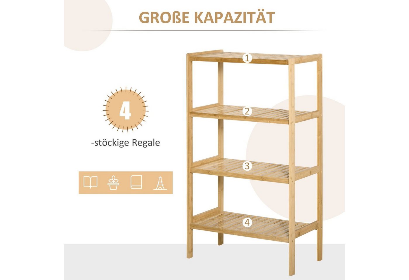 HOMCOM Standregal Badregal mit 4 Ebenen, Bambusregal, Küchenregal, für Bad Küche Wohnzimmer Schlafzimmer 1-tlg., Bambus Natur 62 x 33 x 112 cm Bild 3
