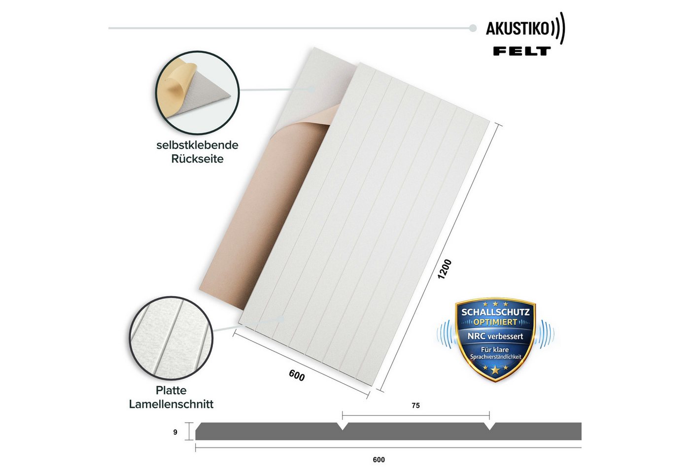AKUSTIKO Schallschutzpaneel, (Selbstklebend 120x60cm - 1 Stück Weiß Akustik Wandpaneele Schallschutz & Raumakustik Panels Filz 9mm Hexim Decken- & Wandverkleidung Raumstruktur Element (0.72m) Bild 5
