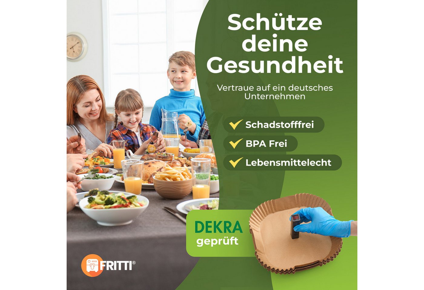 FRITTI Backpapier Backpapier für Heißluftfritteuse 150 Stück DEKRA geprüft, Quadratisch XL Heissluftfritteuse Zubehör Papier für Airfryer 4,5-8L