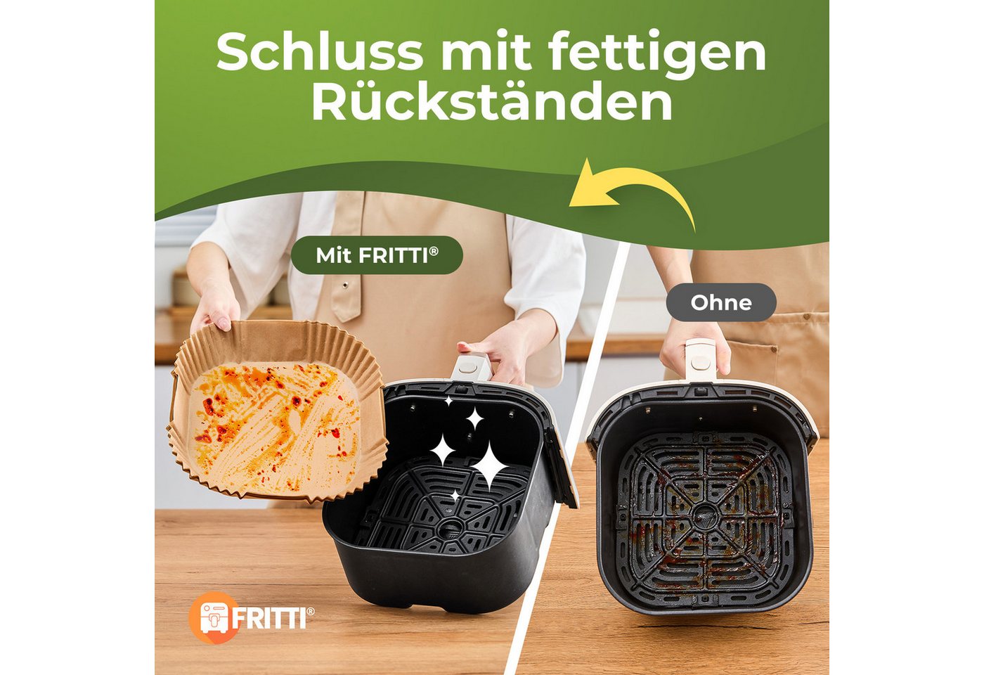 FRITTI Backpapier Backpapier für Heißluftfritteuse 150 Stück DEKRA geprüft, Quadratisch XL Heissluftfritteuse Zubehör Papier für Airfryer 4,5-8L Bild 3