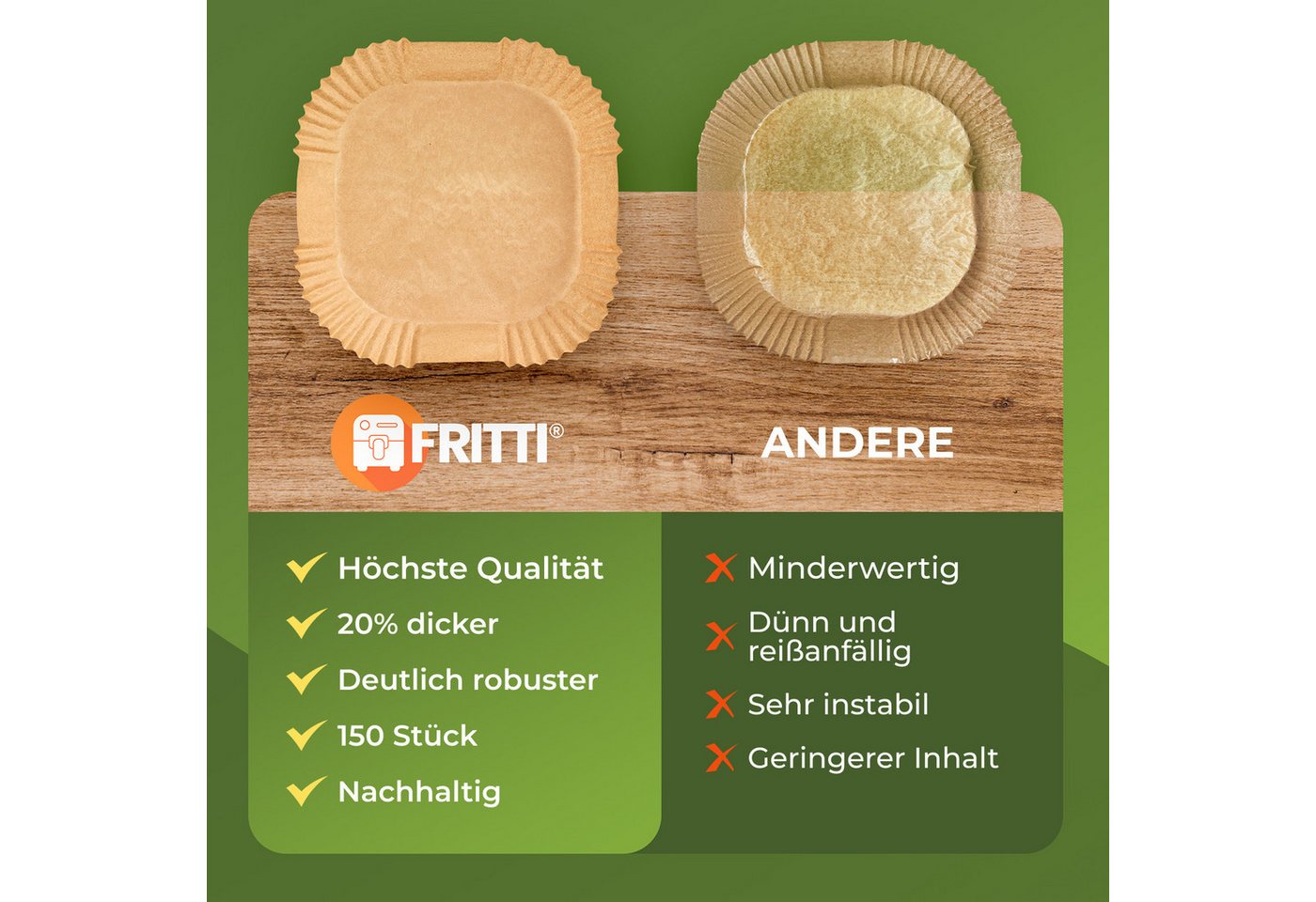 FRITTI Backpapier Backpapier für Heißluftfritteuse 150 Stück DEKRA geprüft, Quadratisch XL Heissluftfritteuse Zubehör Papier für Airfryer 4,5-8L Bild 4