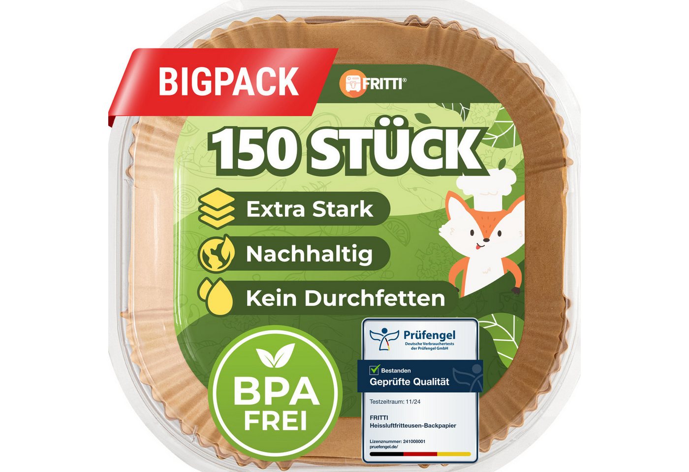 FRITTI Backpapier Backpapier für Heißluftfritteuse 150 Stück DEKRA geprüft, Quadratisch XL Heissluftfritteuse Zubehör Papier für Airfryer 4,5-8L Bild 5